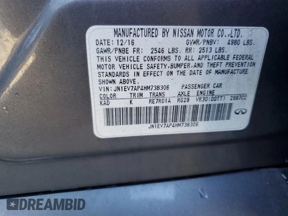 2017 Infiniti Q50 Premium z VIN JN1EV7AP4HM738306, wystawiony jako Copart lot #43956275 z przebiegiem 87 797 mil mil oraz Szkoda całkowita • Salvage title. Historia ofert i sprzedaży dostępna na DreamBid. Obrazek 12.