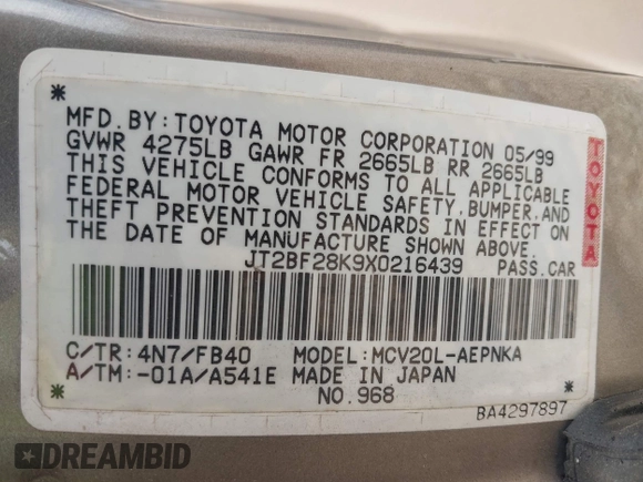 1999 Toyota Camry LE z VIN JT2BF28K9X0216439, wystawiony jako IAAI lot #42213626 z przebiegiem 280 812 mil mil oraz . Historia ofert i sprzedaży dostępna na DreamBid. Obrazek 9.