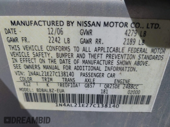 2007 Nissan Altima 2.5 with VIN 1N4AL21E27C138140, listed as a IAAI auction lot 42083098 with 189,799 mi miles. Bid and sale history available at carsss.com. Image 9.