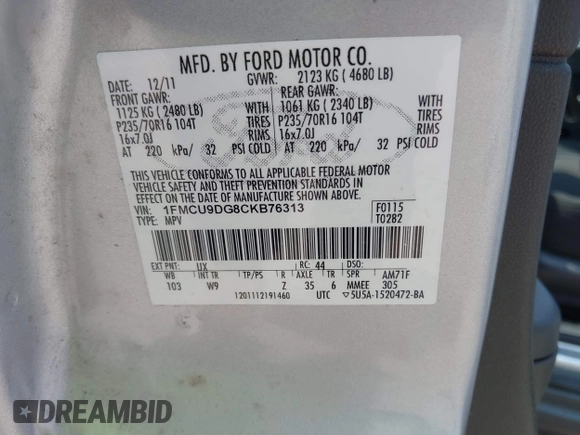 2012 Ford Escape XLT with VIN 1FMCU9DG8CKB76313, listed as a IAAI auction lot 42399075 with 112,508 mi miles and . Bid and sale history available at DreamBid. Image 9.