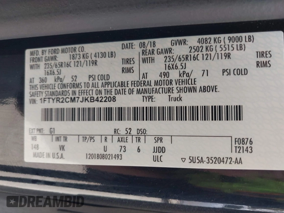 2018 Ford Transit with VIN 1FTYR2CM7JKB42208, listed as a IAAI auction lot 41909994 with 110,885 mi miles. Bid and sale history available at carsss.com. Image 9.
