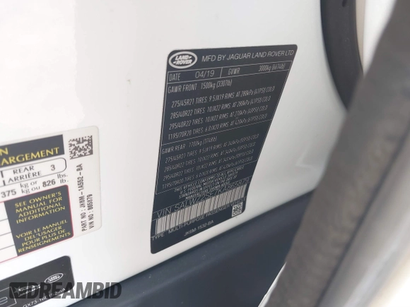 2019 Land Rover Range Rover Sport SVR with VIN SALWZ2SE7KA865879, listed as a IAAI auction lot 41613539 with 65,456 mi miles and . Bid and sale history available at DreamBid. Image 9.