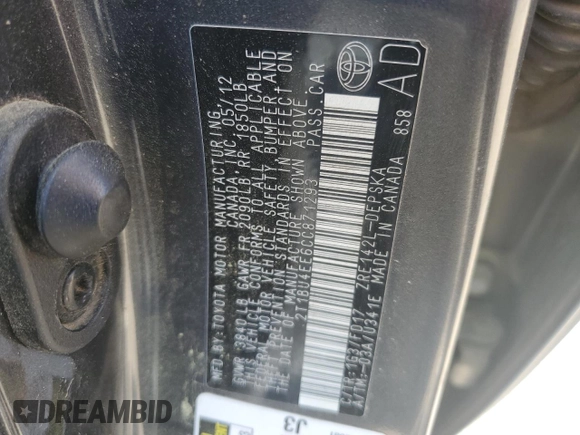 2012 Toyota Corolla L with VIN 2T1BU4EE6CC871293, listed as a Copart auction lot 54275305 with 194,057 mi miles and Salvage Title. Bid and sale history available at DreamBid. Image 12.