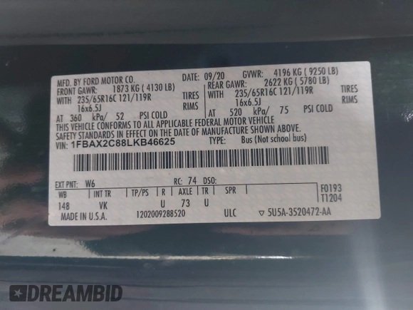 2020 Ford Transit Passenger XL with VIN 1FBAX2C88LKB46625, listed as a IAAI auction lot 41765965 with 15,451 mi miles and . Bid and sale history available at DreamBid. Image 9.