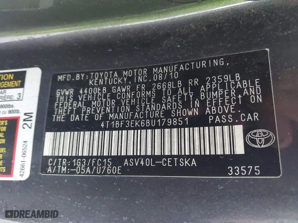 2011 Toyota Camry LE with VIN 4T1BF3EK6BU179851, listed as a IAAI auction lot 41856657 with 210,788 mi miles. Bid and sale history available at carsss.com. Image 9.