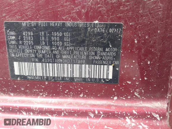 2017 Subaru Impreza Premium с VIN 4S3GTAB63H3717998, выставлен на аукционе IAAI как лот 42162445 с пробегом 88 417 миль миль и . История ставок и продаж доступна на DreamBid. Изображение 9.
