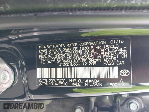 2016 Toyota Prius One with VIN JTDKDTB35G1121309, listed as a IAAI auction lot 42053038 with 78,610 mi miles and . Bid and sale history available at DreamBid. Image 9.