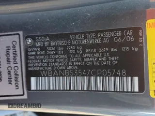 2007 BMW 5 Series 550i with VIN WBANB53547CP05748, listed as a Copart auction lot 43579165 with 117,230 mi miles and Salvage Title. Bid and sale history available at DreamBid. Image 13.