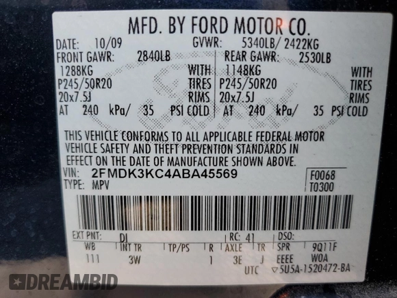 2010 Ford Edge Limited with VIN 2FMDK3KC4ABA45569, listed as a Copart auction lot 49705195 with 92,917 mi miles and Salvage Title. Bid and sale history available at carsss.com. Image 14.