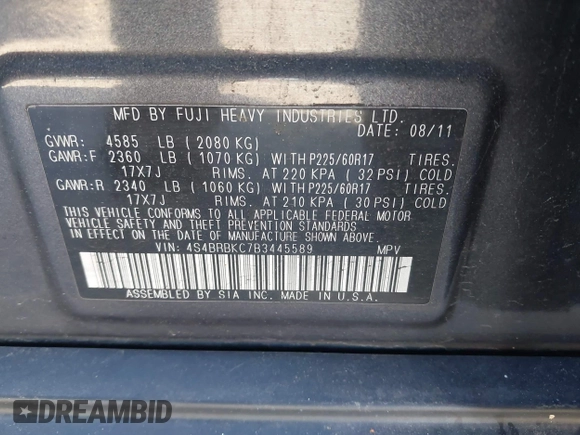 2011 Subaru Outback Limited Power Moon with VIN 4S4BRBKC7B3445589, listed as a IAAI auction lot 42768926 with 216,285 mi miles and . Bid and sale history available at DreamBid. Image 9.
