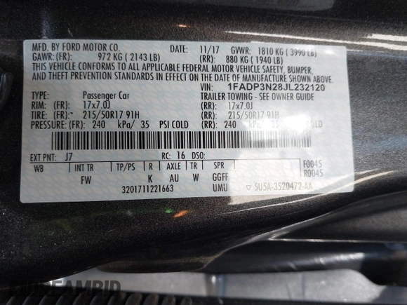 2018 Ford Focus Titanium with VIN 1FADP3N28JL232120, listed as a IAAI auction lot 42544070 with 28,661 mi miles and . Bid and sale history available at DreamBid. Image 9.