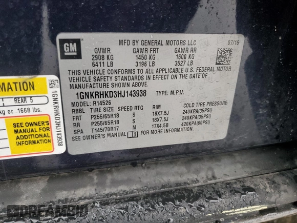 2017 Chevrolet Traverse LT with VIN 1GNKRHKD3HJ143938, listed as a Copart auction lot 51129285 with 92,187 mi miles and Salvage Title. Bid and sale history available at DreamBid. Image 15.