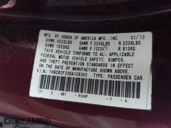 2013 Honda Accord LX z VIN 1HGCR2F3XDA109342, wystawiony jako IAAI lot #41750989 z przebiegiem 118 210 mil mil oraz . Historia ofert i sprzedaży dostępna na DreamBid. Obrazek 9.