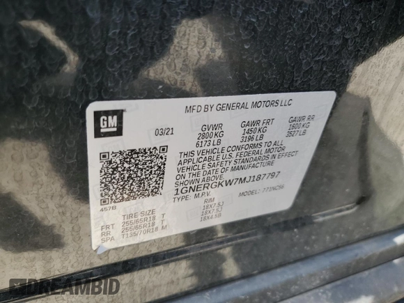 2021 Chevrolet Traverse LT Cloth with VIN 1GNERGKW7MJ187797, listed as a Copart auction lot 60596595 with 39,508 mi miles and Salvage title. Bid and sale history available at DreamBid. Image 13.