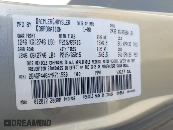 2000 Dodge Caravan SE with VIN 2B4GP44G4YR711580, listed as a IAAI auction lot 42367522 with 259,409 mi miles and . Bid and sale history available at DreamBid. Image 9.