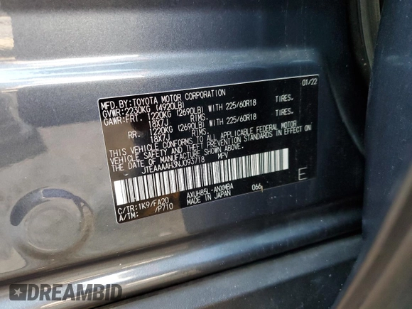 2022 Toyota Venza LE with VIN JTEAAAAH3NJ093718, listed as a Copart auction lot 40180494 with 49,459 mi miles. Bid and sale history available at carsss.com. Image 13.