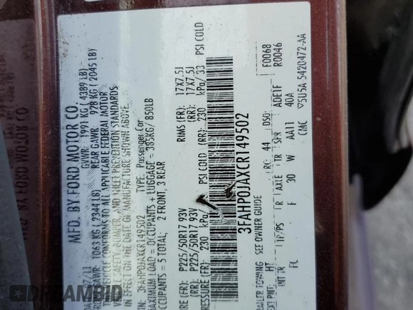 2012 Ford Fusion SEL with VIN 3FAHP0JAXCR149502, listed as a Copart auction lot 52433465 with 228,886 mi miles and Salvage Title. Bid and sale history available at DreamBid. Image 13.