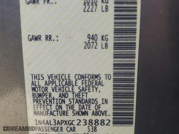 2016 Nissan Altima 2.5 SL with VIN 1N4AL3APXGC238882, listed as a Copart auction lot 43619835 with 191,780 mi miles and Salvage Title. Bid and sale history available at carsss.com. Image 13.