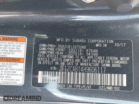 2017 Subaru BRZ Premium with VIN JF1ZCAB14H9606117, listed as a IAAI auction lot 42236959 with 70,020 mi miles and . Bid and sale history available at DreamBid. Image 9.