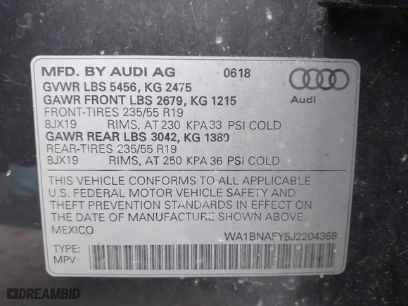 2018 Audi Q5 Premium Plus with VIN WA1BNAFY5J2204368, listed as a IAAI auction lot 41825353 with 44,479 mi miles. Bid and sale history available at carsss.com. Image 9.