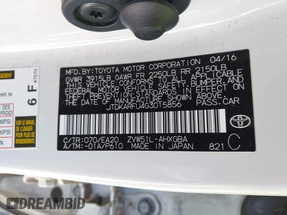 2016 Toyota Prius Four with VIN JTDKARFU4G3015856, listed as a IAAI auction lot 41407940 with 24,569 mi miles. Bid and sale history available at carsss.com. Image 9.