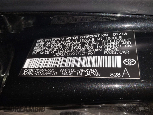 2016 Toyota Prius One with VIN JTDKDTB39G1121961, listed as a IAAI auction lot 42053030 with 101,497 mi miles and . Bid and sale history available at DreamBid. Image 9.