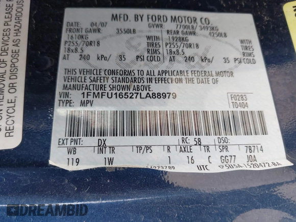 2007 Ford Expedition XLT with VIN 1FMFU16527LA88979, listed as a IAAI auction lot 42420257 with 152,478 mi miles and . Bid and sale history available at DreamBid. Image 9.
