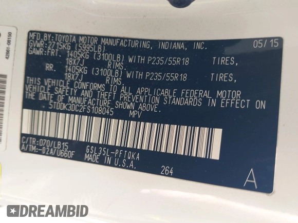 2015 Toyota Sienna Limited with VIN 5TDDK3DC2FS108045, listed as a IAAI auction lot 42398925 with 97,255 mi miles and . Bid and sale history available at DreamBid. Image 9.