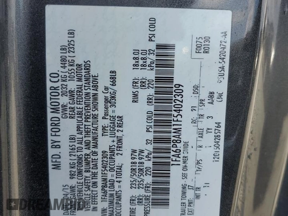 2015 Ford Mustang V6 with VIN 1FA6P8AM1F5402309, listed as a Copart auction lot 59328295 with 186,324 mi miles and Salvage title. Bid and sale history available at DreamBid. Image 12.
