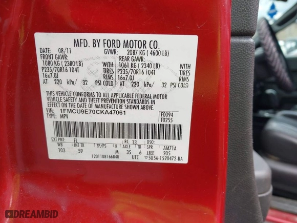 2012 Ford Escape Limited with VIN 1FMCU9E70CKA47061, listed as a IAAI auction lot 41918472 with 129,523 mi miles. Bid and sale history available at carsss.com. Image 9.
