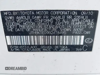 2011 Lexus ES 330 with VIN JTHBK1EG9B2418495, listed as a IAAI auction lot 40247075 with 14,891 mi miles and . Bid and sale history available at carsss.com. Image 9.