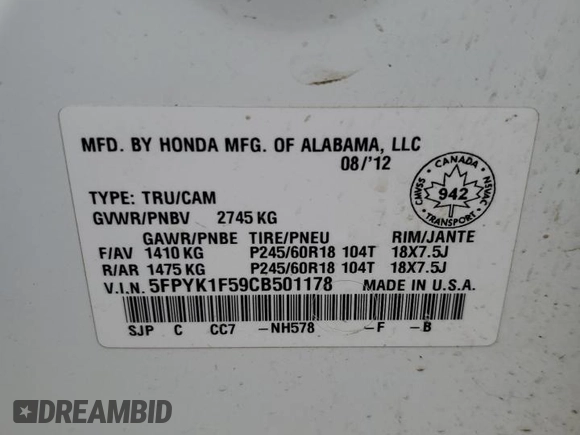 2012 Honda Ridgeline RTL with VIN 5FPYK1F59CB501178, listed as a Copart auction lot 60634535 with 165,766 mi miles and Salvage title. Bid and sale history available at DreamBid. Image 12.