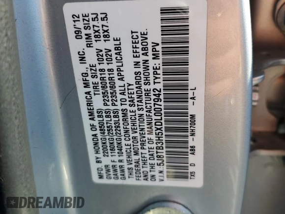 2013 Acura RDX Technology with VIN 5J8TB3H5XDL007942, listed as a Copart auction lot 72569314 with 123,593 mi miles and Salvage Title. Bid and sale history available at DreamBid. Image 14.