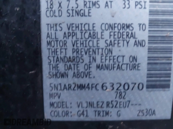 2015 Nissan Pathfinder Platinum with VIN 5N1AR2MM4FC632070, listed as a IAAI auction lot 41174342 with 192,651 mi miles and . Bid and sale history available at DreamBid. Image 9.