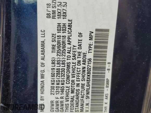 2019 Honda Odyssey Touring z VIN 5FNRL6H8XKB027156, wystawiony jako Copart lot #60735455 z przebiegiem 100 044 mil mil oraz Szkoda całkowita • Salvage title. Historia ofert i sprzedaży dostępna na DreamBid. Obrazek 13.