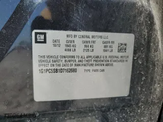2013 Chevrolet Cruze 1LT with VIN 1G1PC5SB1D7162680, listed as a Copart auction lot 52589715 with 187,034 mi miles and Salvage Title. Bid and sale history available at carsss.com. Image 12.