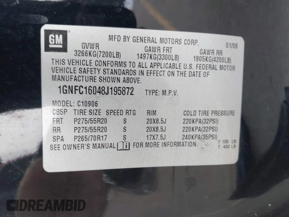 2008 Chevrolet Suburban LTZ z VIN 1GNFC16048J195872, wystawiony jako IAAI lot #41389825 z przebiegiem 207 421 mil mil oraz . Historia ofert i sprzedaży dostępna na DreamBid. Obrazek 9.