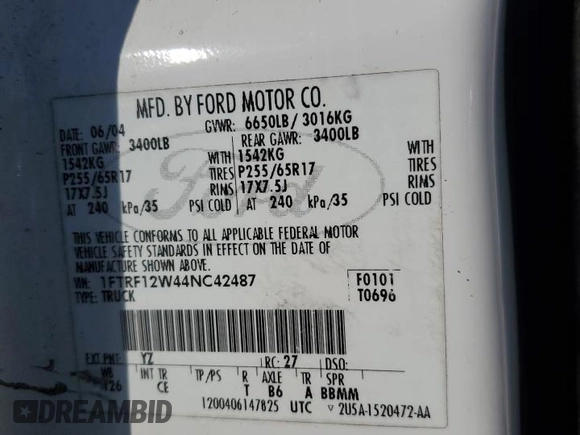 2004 Ford F-150 XL with VIN 1FTRF12W44NC42487, listed as a Copart auction lot 42870215 with 227,034 mi miles and Clean Title. Bid and sale history available at carsss.com. Image 12.