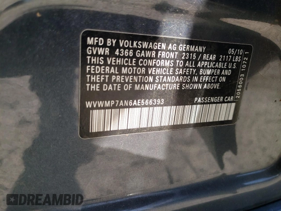 2010 Volkswagen CC Sport with VIN WVWMP7AN6AE566393, listed as a Copart auction lot 55233175 with 139,307 mi miles and Salvage Title. Bid and sale history available at DreamBid. Image 12.