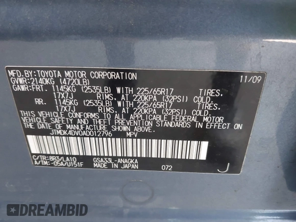 2010 Toyota RAV4 Limited with VIN JTMDK4DV0AD012796, listed as a IAAI auction lot 42539649 with Not provided miles and . Bid and sale history available at DreamBid. Image 9.