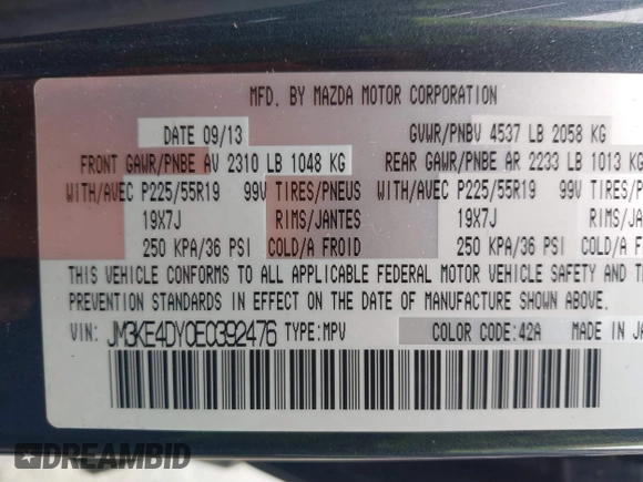 2014 Mazda CX-5 Grand Touring with VIN JM3KE4DY0E0392476, listed as a IAAI auction lot 41419144 with 89,245 mi miles and . Bid and sale history available at carsss.com. Image 9.