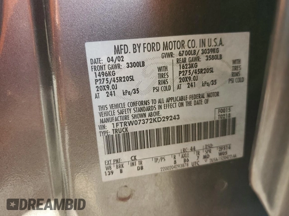 2002 Ford F-150 Harley Davidson with VIN 1FTRW07372KD29243, listed as a Copart auction lot 42972905 with 164,392 mi miles and Salvage Title. Bid and sale history available at carsss.com. Image 14.