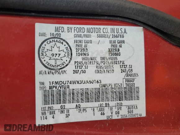 2003 Ford Explorer Eddie Bauer z VIN 1FMDU74WX3UA60163, wystawiony jako Copart lot #61994245 z przebiegiem 298 711 mil mil oraz Szkoda całkowita • Salvage title. Historia ofert i sprzedaży dostępna na DreamBid. Obrazek 13.