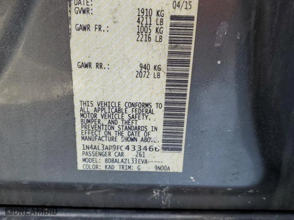 2015 Nissan Altima 2.5 SV with VIN 1N4AL3AP9FC433466, listed as a Copart auction lot 88970045 with 96,766 mi miles and Salvage Title. Bid and sale history available at carsss.com. Image 12.