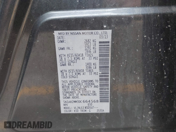 2013 Nissan Pathfinder Platinum с VIN 5N1AR2MM3DC664568, выставлен на аукционе IAAI как лот 42265334 с пробегом 253 368 миль миль и . История ставок и продаж доступна на DreamBid. Изображение 9.
