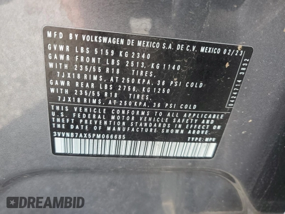 2023 Volkswagen Tiguan SE with VIN 3VVNB7AX5PM066685, listed as a Copart auction lot 61193465 with 44,816 mi miles and Salvage title. Bid and sale history available at DreamBid. Image 13.