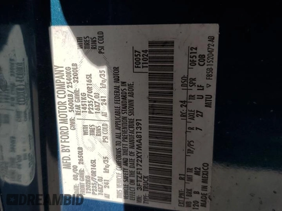 2000 Ford F-150 XL z VIN 3FTZF172XYMA81391, wystawiony jako Copart lot #62108855 z przebiegiem Nie podano mil oraz Szkoda całkowita • Salvage title. Historia ofert i sprzedaży dostępna na DreamBid. Obrazek 12.