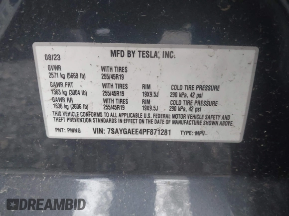 2023 Tesla Model Y Long Range with VIN 7SAYGAEE4PF871281, listed as a IAAI auction lot 41989805 with 15,501 mi miles. Bid and sale history available at carsss.com. Image 9.