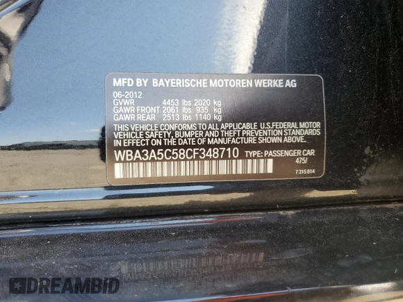 2012 BMW 3 Series 328i with VIN WBA3A5C58CF348710, listed as a Copart auction lot 61266815 with 112,720 mi miles and Salvage title. Bid and sale history available at DreamBid. Image 12.
