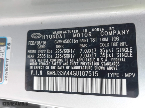 2016 Hyundai Tucson SE with VIN KM8J33A44GU187515, listed as a IAAI auction lot 42015707 with 89,948 mi miles. Bid and sale history available at carsss.com. Image 9.